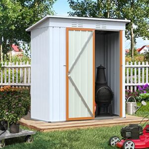 hootata 5' × 3' metal outdoor storage shed with door & lock, galvanized waterproof garden storage tool shed for backyard patio,white-yellow