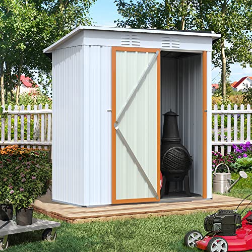 Hootata 5' × 3' Metal Outdoor Storage Shed with Door & Lock, Galvanized Waterproof Garden Storage Tool Shed for Backyard Patio,White-Yellow