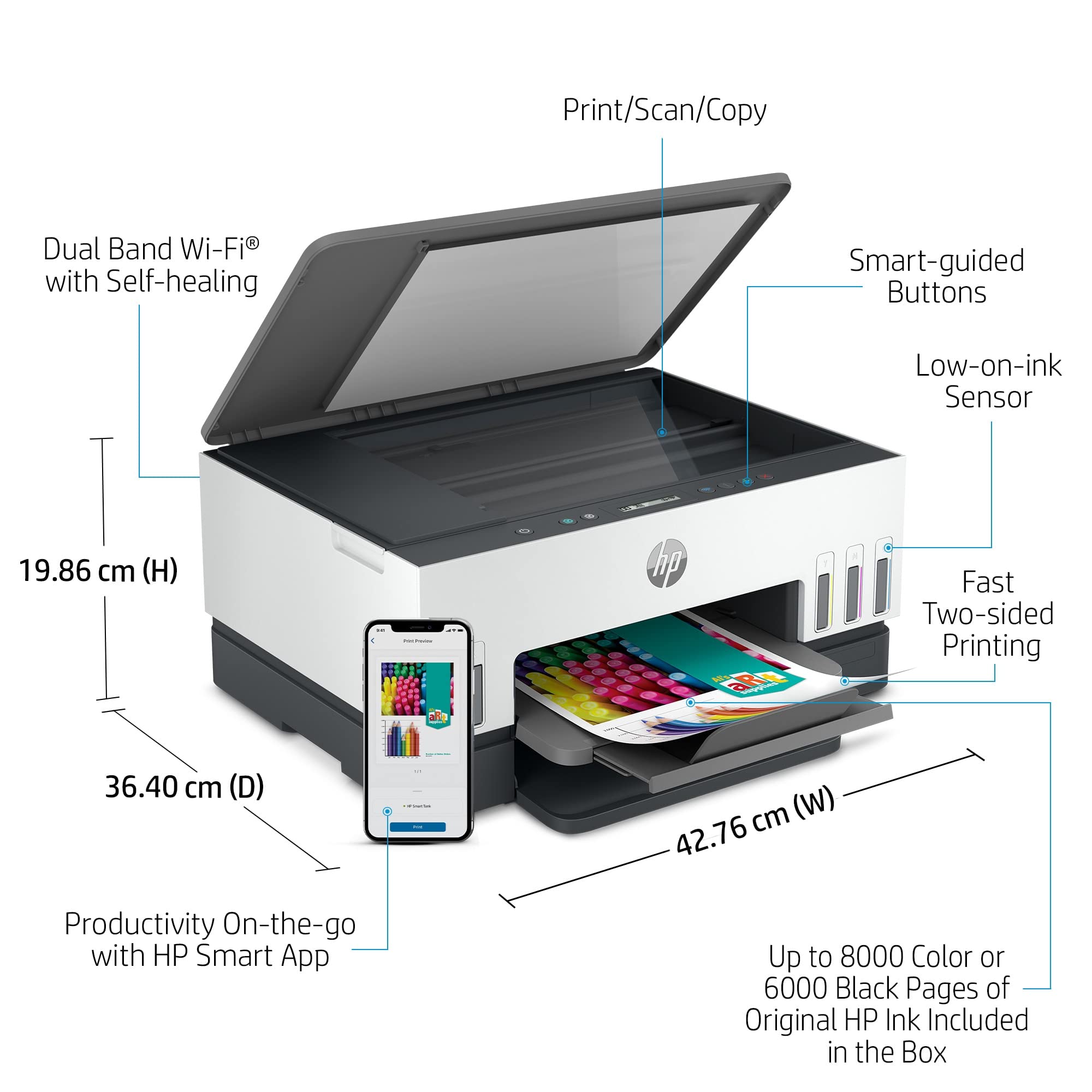 HP Smart -Tank 6001 Wireless All-in-One Printer, Mobile Print, Scan, Copy - 2H0B9A (Renewed)