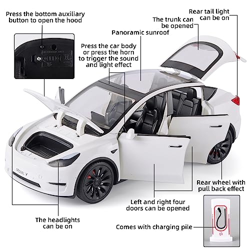 OANMYJJO Toy Cars Model Y 1/24 Zinc Alloy Diecast Metal Model Car, Pull Back Toy Model with Light and Music, Suitable for Children Aged 3 and Above as Gifts(Model Y White)