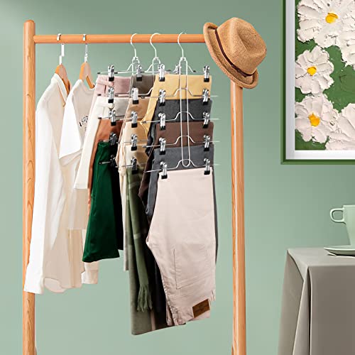Pants Skirt Hangers Space Saving - DOIOWN Skirt Hangers for Women 5 Tier Pants Skirt Hangers with Clips Non Slip Metal Clothes Hangers for Jeans, Scarf, Shorts Closet Organizers and Storage 3 Pack