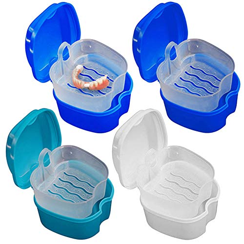 Denture Bath with strainer cleaner Case Cup Box Holder Storage Soak Container for Dentures, Clear Braces, Mouth Guard, Night Guard & Retainers,Traveling (White)