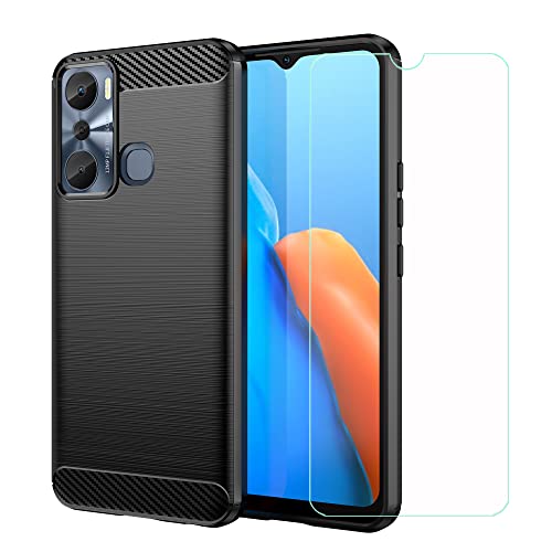 YZKJSZ Case for Infinix Hot 20i + Screen Protector Tempered Glass Protective Film - Soft Gel Carbon Fiber TPU Cover for Infinix Hot 20i (6.6") - Black