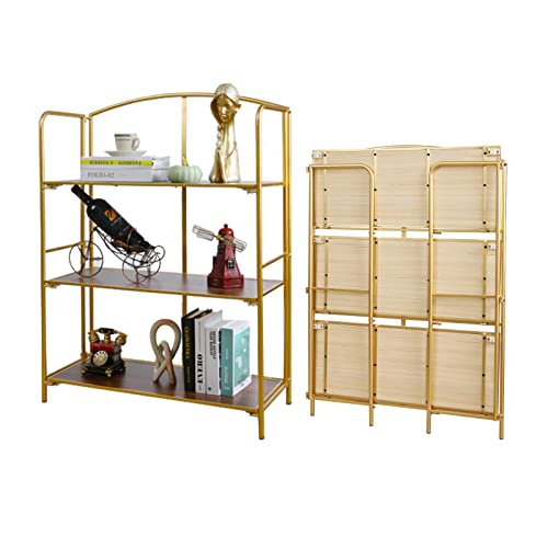 Crofy No Assembly Folding Bookshelf, 3 Tier Gold Bookshelf, Metal Book Shelf for Storage, Folding Bookcase for Office Organization and Storage, 12.87 D x 30.9 W x 42.33 H Inches