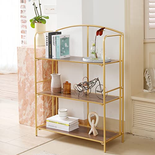 Crofy No Assembly Folding Bookshelf, 3 Tier Gold Bookshelf, Metal Book Shelf for Storage, Folding Bookcase for Office Organization and Storage, 12.87 D x 30.9 W x 42.33 H Inches