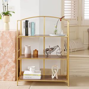 Crofy No Assembly Folding Bookshelf, 3 Tier Gold Bookshelf, Metal Book Shelf for Storage, Folding Bookcase for Office Organization and Storage, 12.87 D x 30.9 W x 42.33 H Inches