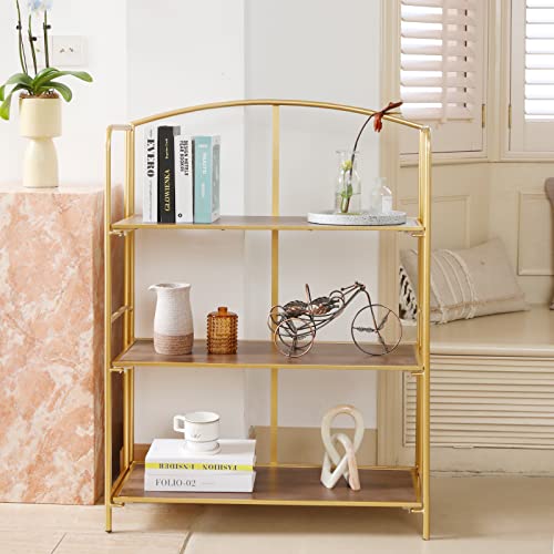 Crofy No Assembly Folding Bookshelf, 3 Tier Gold Bookshelf, Metal Book Shelf for Storage, Folding Bookcase for Office Organization and Storage, 12.87 D x 30.9 W x 42.33 H Inches