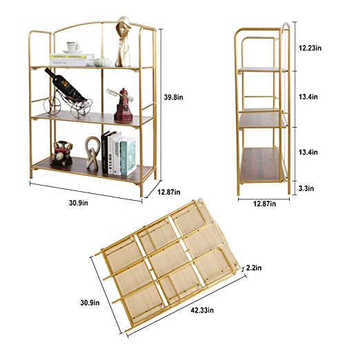 Crofy No Assembly Folding Bookshelf, 3 Tier Gold Bookshelf, Metal Book Shelf for Storage, Folding Bookcase for Office Organization and Storage, 12.87 D x 30.9 W x 42.33 H Inches