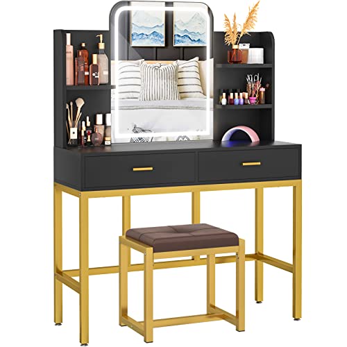 armocity Vanity Desk with Mirror and Light, Makeup Vanity with Cushioned Stool, Vanity Table Set with 3 Color Lighting Options, Modern Dressing Table with 2 Storage Drawers for Bedroom, Black