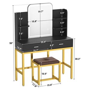 armocity Vanity Desk with Mirror and Light, Makeup Vanity with Cushioned Stool, Vanity Table Set with 3 Color Lighting Options, Modern Dressing Table with 2 Storage Drawers for Bedroom, Black