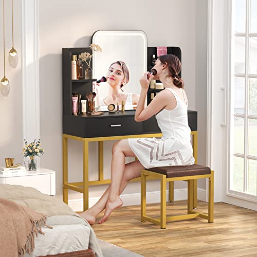 armocity Vanity Desk with Mirror and Light, Makeup Vanity with Cushioned Stool, Vanity Table Set with 3 Color Lighting Options, Modern Dressing Table with 2 Storage Drawers for Bedroom, Black