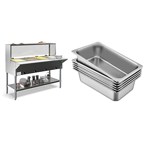 KoolMore 4-Pan Open Well Commercial Electric Stainless Steel Steam Table Food Warmer for Buffets with Sneeze Guard & Mophorn Hotel Pan Full Size 6-Inch, Steam Table Pan 6 Pack