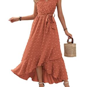 BTFBM Women's 2023 Summer Wrap V Neck Dress Ruffle Sleeve Swiss Dot Boho Ruffle Slit Beach Party Flowy Long Maxi Dresses(Swiss Dot Orange Red, Medium)