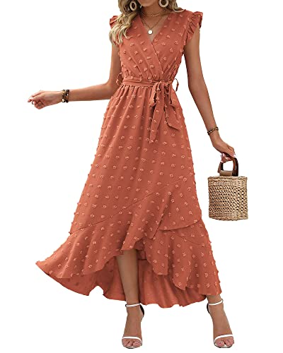 BTFBM Women's 2023 Summer Wrap V Neck Dress Ruffle Sleeve Swiss Dot Boho Ruffle Slit Beach Party Flowy Long Maxi Dresses(Swiss Dot Orange Red, Medium)