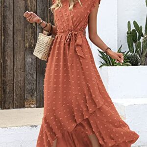 BTFBM Women's 2023 Summer Wrap V Neck Dress Ruffle Sleeve Swiss Dot Boho Ruffle Slit Beach Party Flowy Long Maxi Dresses(Swiss Dot Orange Red, Medium)