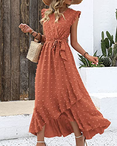 BTFBM Women's 2023 Summer Wrap V Neck Dress Ruffle Sleeve Swiss Dot Boho Ruffle Slit Beach Party Flowy Long Maxi Dresses(Swiss Dot Orange Red, Medium)