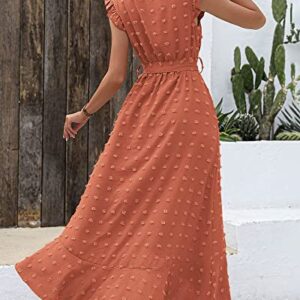 BTFBM Women's 2023 Summer Wrap V Neck Dress Ruffle Sleeve Swiss Dot Boho Ruffle Slit Beach Party Flowy Long Maxi Dresses(Swiss Dot Orange Red, Medium)