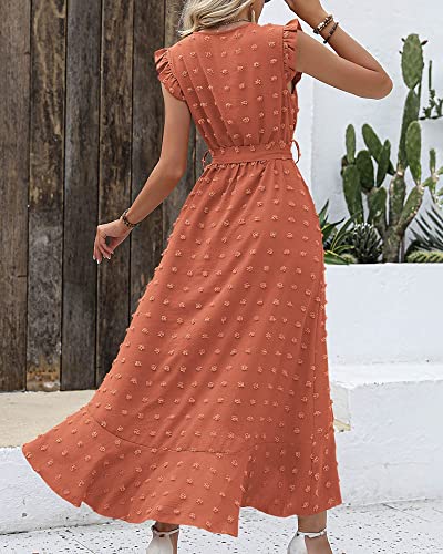 BTFBM Women's 2023 Summer Wrap V Neck Dress Ruffle Sleeve Swiss Dot Boho Ruffle Slit Beach Party Flowy Long Maxi Dresses(Swiss Dot Orange Red, Medium)