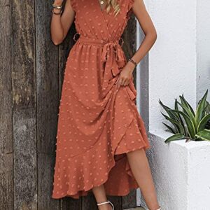 BTFBM Women's 2023 Summer Wrap V Neck Dress Ruffle Sleeve Swiss Dot Boho Ruffle Slit Beach Party Flowy Long Maxi Dresses(Swiss Dot Orange Red, Medium)