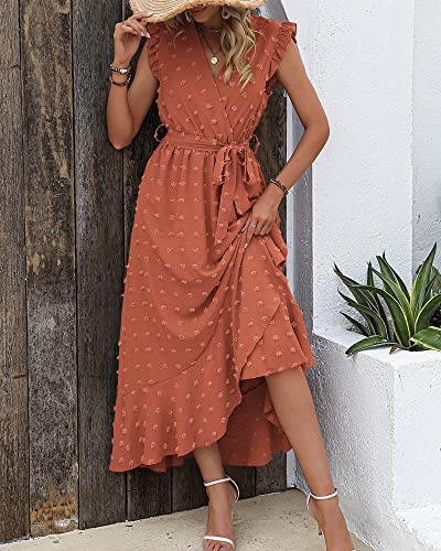 BTFBM Women's 2023 Summer Wrap V Neck Dress Ruffle Sleeve Swiss Dot Boho Ruffle Slit Beach Party Flowy Long Maxi Dresses(Swiss Dot Orange Red, Medium)