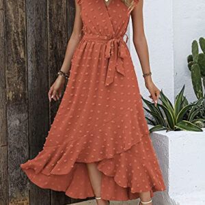 BTFBM Women's 2023 Summer Wrap V Neck Dress Ruffle Sleeve Swiss Dot Boho Ruffle Slit Beach Party Flowy Long Maxi Dresses(Swiss Dot Orange Red, Medium)