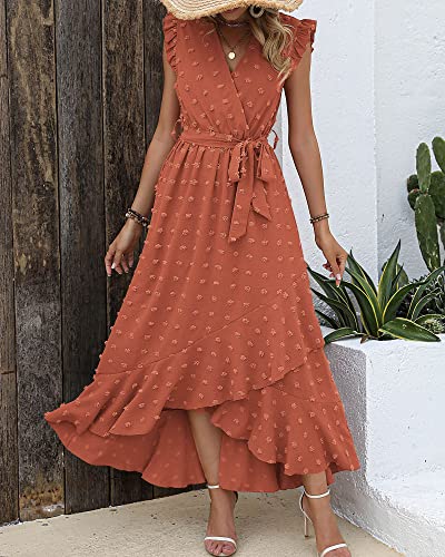 BTFBM Women's 2023 Summer Wrap V Neck Dress Ruffle Sleeve Swiss Dot Boho Ruffle Slit Beach Party Flowy Long Maxi Dresses(Swiss Dot Orange Red, Medium)