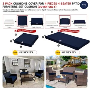 3Pack Outdoor Patio Seat Cushion Replacement Covers Fit for 4Pieces Wicker Rattan Furniture Conversation Set Loveseat Chairs Sofa,Splashproof Fadeless,36x18x2,18x18x2,Navy-Not Filler