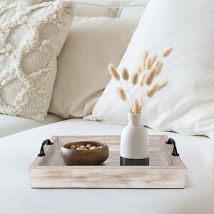 Set of 2 Rustic Farmhouse Wooden Serving Tray with Handles, Nesting White Decorative Trays for Coffee Table Ottoman Kitchen Bed Dining Table Centerpiece Rectangular Tray for Food Fruits Coffee Candles