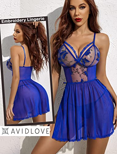 Avidlove Sexy Lingerie For Women Lace Chemise Mesh Sleepwear Plus Size Babydoll Lingerie Blue XL