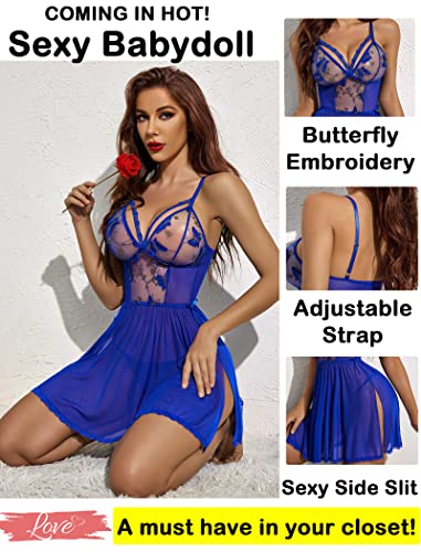 Avidlove Sexy Lingerie For Women Lace Chemise Mesh Sleepwear Plus Size Babydoll Lingerie Blue XL