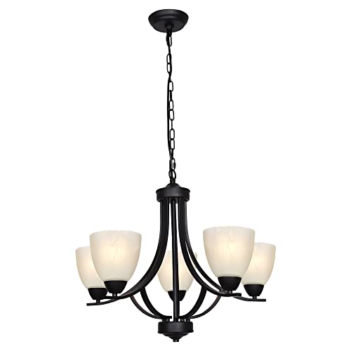 BONLICHT Traditional Chandelier Black 5 Light Modern Pendant Lights with Alabaster Glass, Industrial Vintage Dining Room Lighting Fixtures Hanging Flush Mount Ceiling Light for Bedroom Kitchen Island