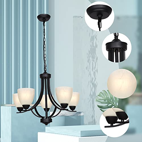 BONLICHT Traditional Chandelier Black 5 Light Modern Pendant Lights with Alabaster Glass, Industrial Vintage Dining Room Lighting Fixtures Hanging Flush Mount Ceiling Light for Bedroom Kitchen Island