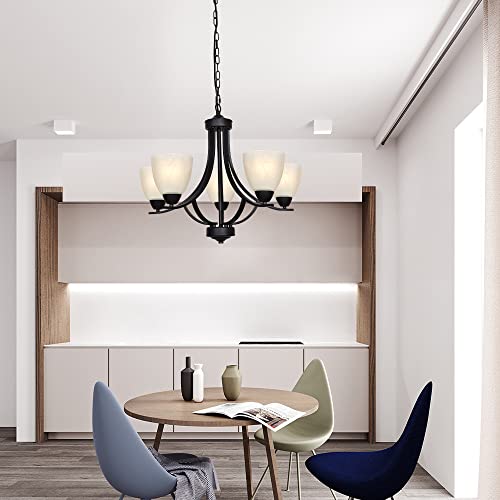 BONLICHT Traditional Chandelier Black 5 Light Modern Pendant Lights with Alabaster Glass, Industrial Vintage Dining Room Lighting Fixtures Hanging Flush Mount Ceiling Light for Bedroom Kitchen Island