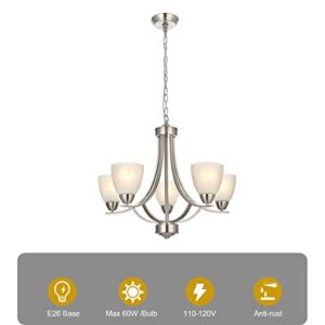 BONLICHT 5 Light Transitional Chandeliers Brushed Nickel Contemporary Dining Room Light Fixtures Ceiling Hanging Modern Pendant Lighting with Alabaster Glass Shade for Living Room Bedroom Foyer Hotel