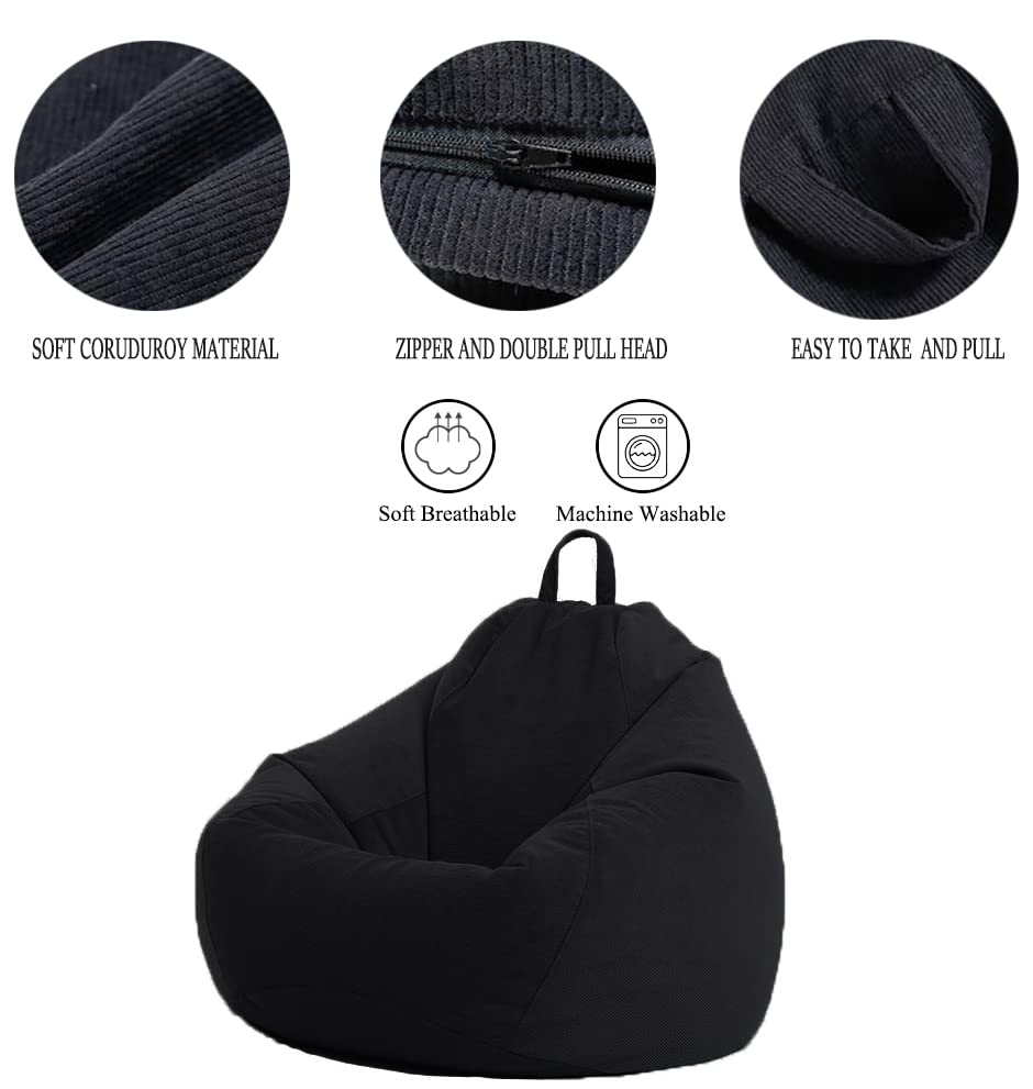 LPMOERA Stuffed Animal Storage Canvas Bean Bag Chair Cover for Kids/Adults Stuffable Zipper Beanbag for Organizing Children Plush Toys Large Premium Cotton Canvas Black S for Kids