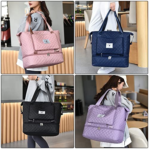 New Foldable Dry/Wet Separation Travel Bag, Large Capacity Waterproof Oxford Duffel Bag with Shoe Compartment, Lightweight Travel Tote Gym Bag, Weekender Overnight Bag for Women