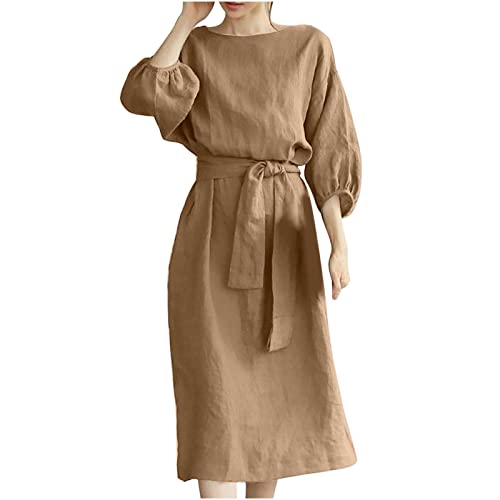 Loose Midi Belted Dress for Women Puff Half Sleeve Casual Dresses, Womens Solid Crewneck Summer Dress Cotton Linen Dress Khaki