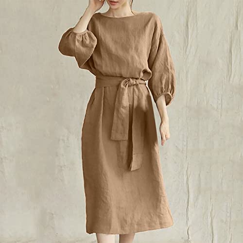 Loose Midi Belted Dress for Women Puff Half Sleeve Casual Dresses, Womens Solid Crewneck Summer Dress Cotton Linen Dress Khaki