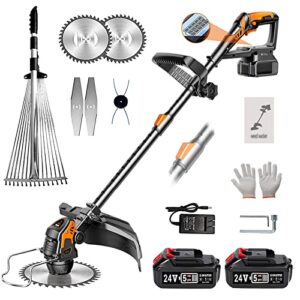 weed wacker cordless, weed eater battery powered with 2 pcs 2.0ah batteries, adjustable cutting angle & height, string trimmer with 3 types blades and grass rake for garden and yard