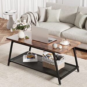 idealhouse coffee table industrial center table 2-tier living room with mesh shelf rectangle wood cocktail table metal frame, easy to assemble, rustic brown