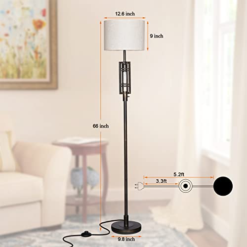 SURAIELEC Farmhouse Floor Lamp with LED Nightlight Bulb, Rustic Tall Lamps for Living Room, Traditional Standing Lamps for Bedroom, Beige Linen Drum Shade, Oil Rubbed Bronze Finish, Foot Switch