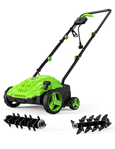 SWIPESMITH 13-Inch 12 Amp Electric Dethatcher Scarifier, 2-in-1 Lawn Dethatcher with Two Safety Switches, 4-Position Depth Adjustment, Scarifier with Foldable Handle, for Lawn, Garden, Yard