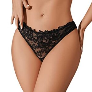 SweatyRocks Women's Lingerie Floral Lace Sheer Mesh Cut Out Thong Panties Underwear Chain Black M