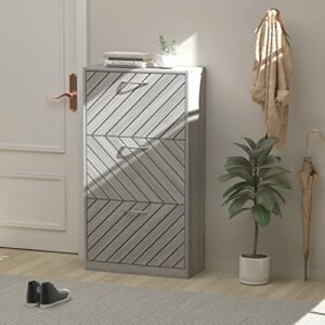 aiegle shoe storage cabinet with 3 flip drawers for entryway, freestanding shoe rack shoe organiazer with tipping bucket & removable shelf, grey (22.4" w x 9.4" d x 42.3" h)