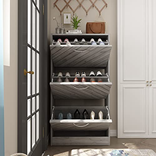 AIEGLE Shoe Storage Cabinet with 3 Flip Drawers for Entryway, Freestanding Shoe Rack Shoe Organiazer with Tipping Bucket & Removable Shelf, Grey (22.4" W x 9.4" D x 42.3" H)