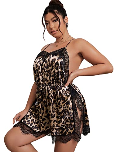 Verdusa Women's Plus Size Leopard Lace Trim Sleepwear Satin Sleep Romper Pajama Oneise Multicolor 2XL