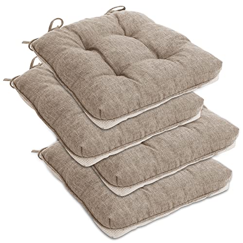 EAIMi Indoor Chair Cushions for Dinning Chairs 4 Packs| Tufted Memory Foam Overstuffed Kitchen Chair Pads with Ties | Textured Non Slip Back Seat Cushions 15.5x15.5x4 Inches Khaki