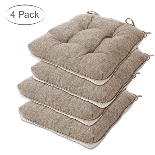 EAIMi Indoor Chair Cushions for Dinning Chairs 4 Packs| Tufted Memory Foam Overstuffed Kitchen Chair Pads with Ties | Textured Non Slip Back Seat Cushions 15.5x15.5x4 Inches Khaki