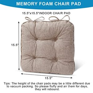 EAIMi Indoor Chair Cushions for Dinning Chairs 4 Packs| Tufted Memory Foam Overstuffed Kitchen Chair Pads with Ties | Textured Non Slip Back Seat Cushions 15.5x15.5x4 Inches Khaki