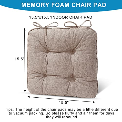 EAIMi Indoor Chair Cushions for Dinning Chairs 4 Packs| Tufted Memory Foam Overstuffed Kitchen Chair Pads with Ties | Textured Non Slip Back Seat Cushions 15.5x15.5x4 Inches Khaki